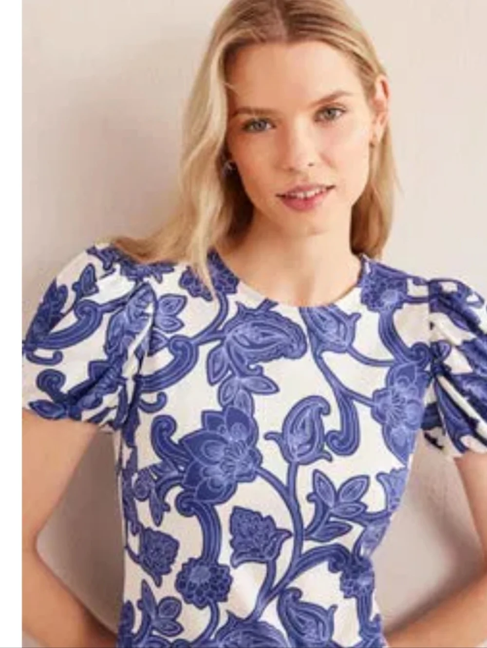 Boden Puff Sleeve Blue Floral Jersey Midi Dress Size 8R EUC - Picture 4 of 12